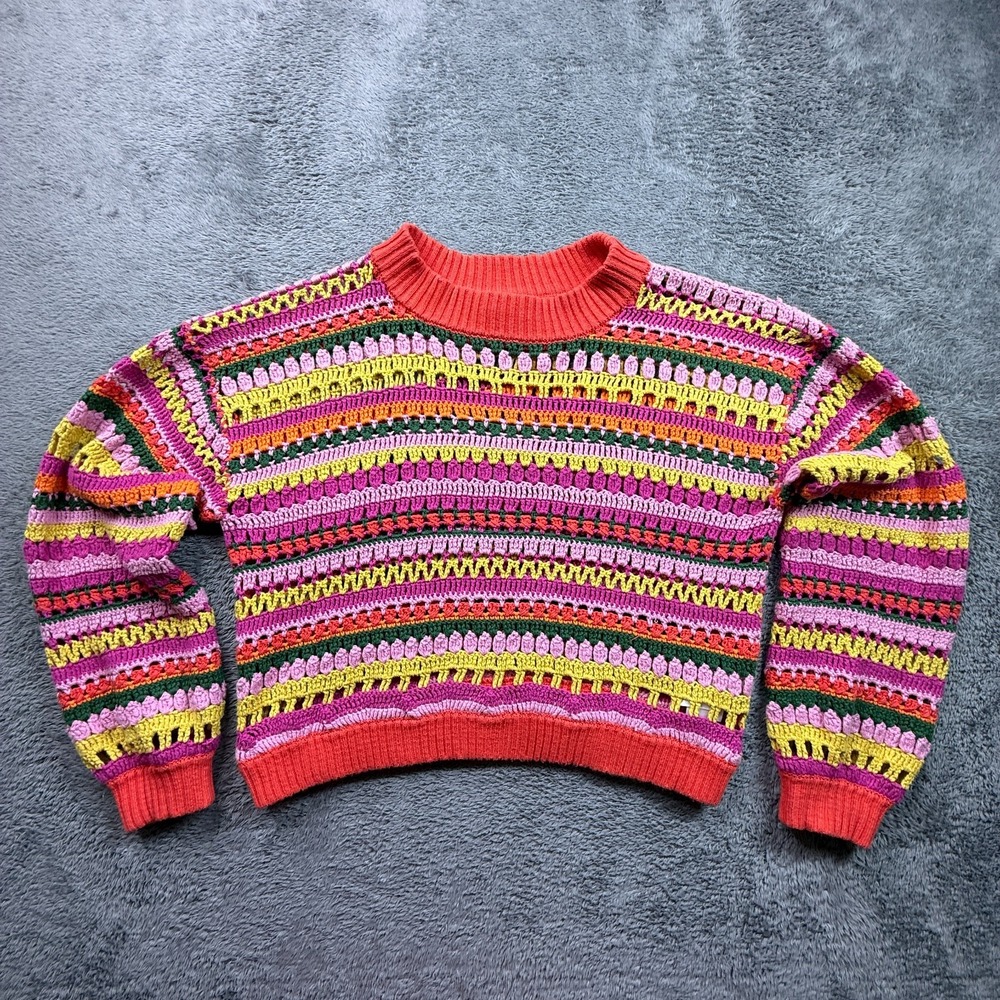 Farm Rio Fruit Dream Crochet Sweater Womens M Pullover 100% Cotton Boho Colorfu